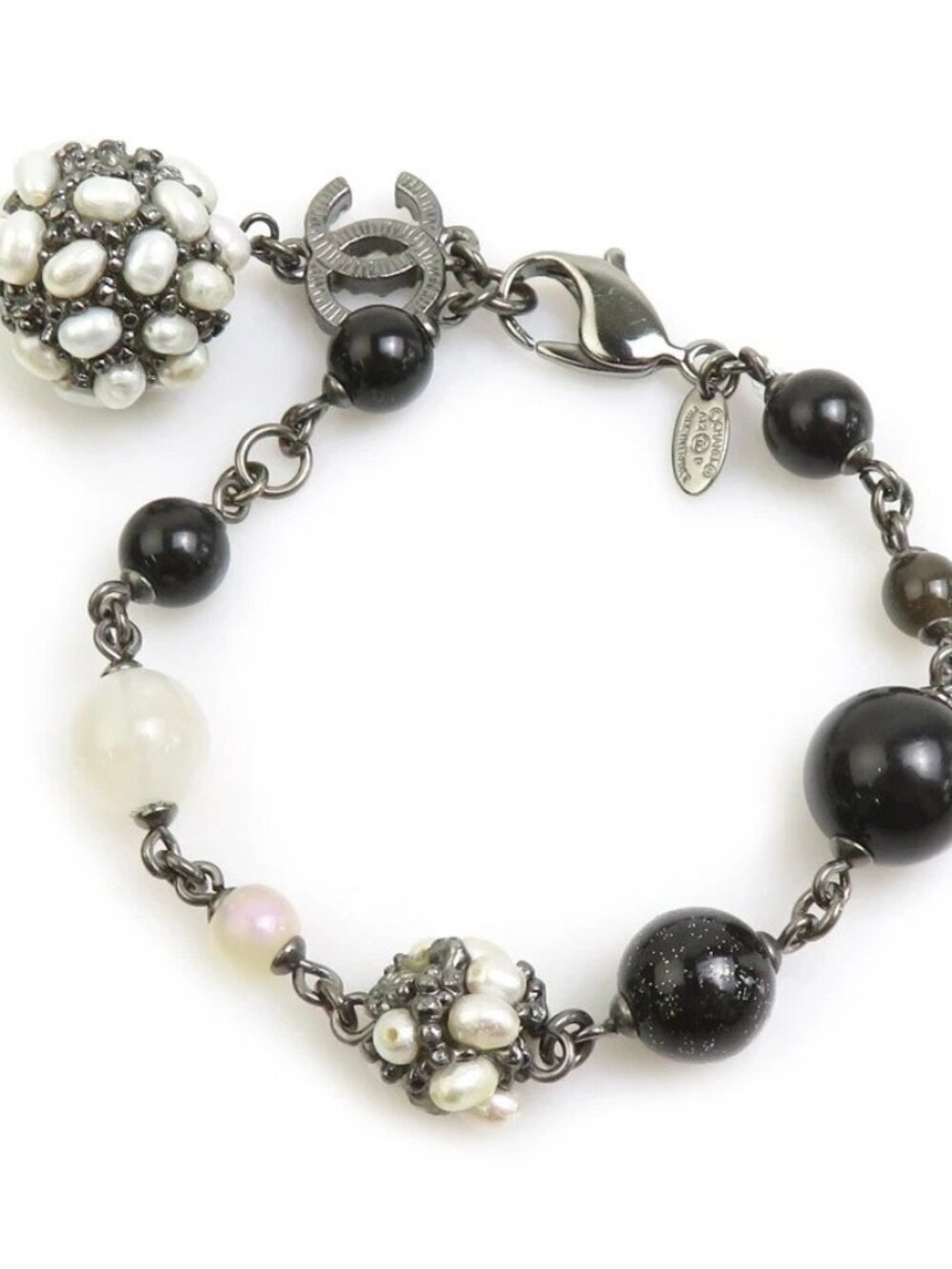 Auth CHANEL CC Logo Bracelet Gunmetal/Black/White Metal/Faux Pearl - e62231a